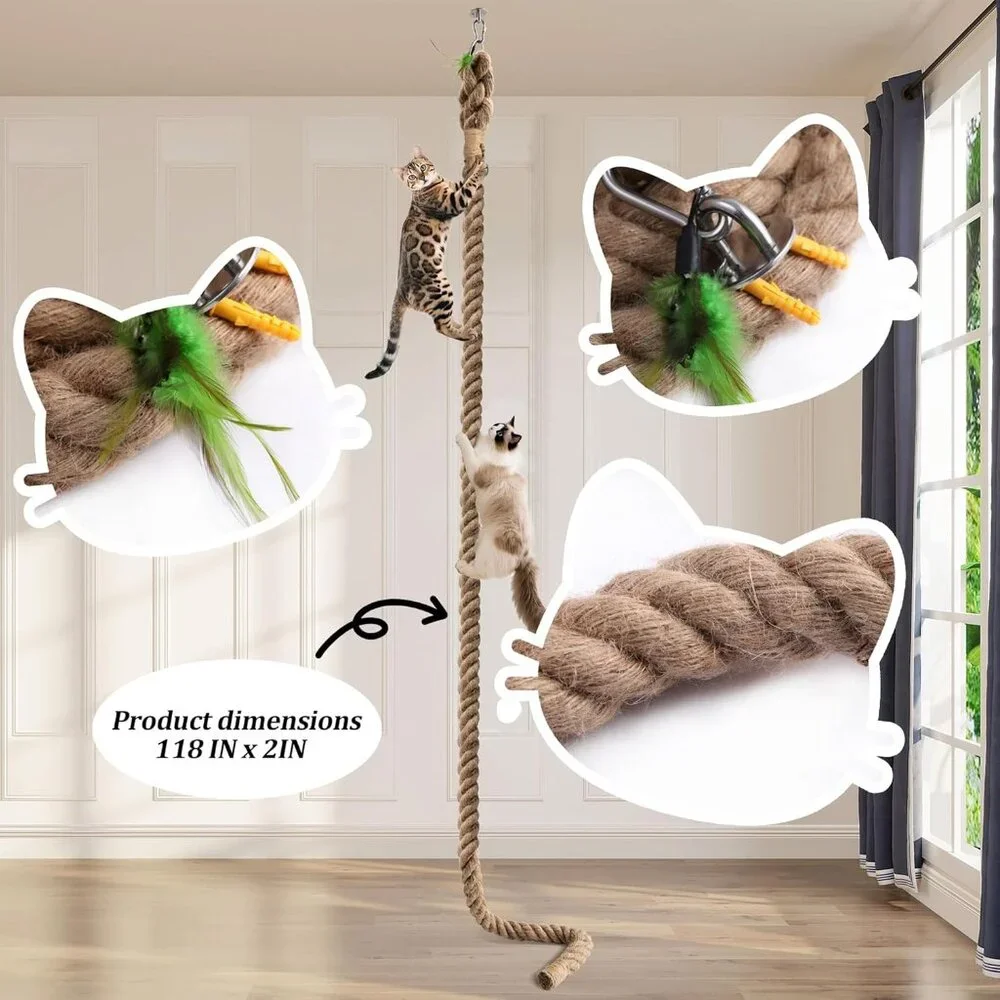 Cat Climbing Rope with Hook for Ceiling & Wall Mounted(1 Set)